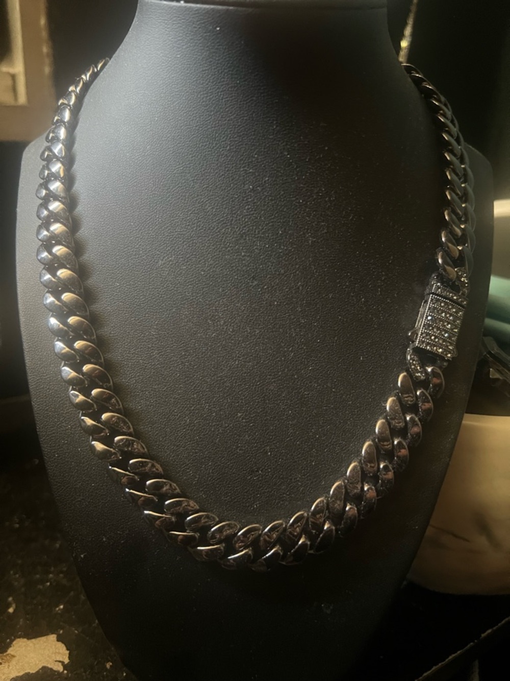 Black Cuban Link Chain Necklace with Pavé Clasp - Picture 2 of 4